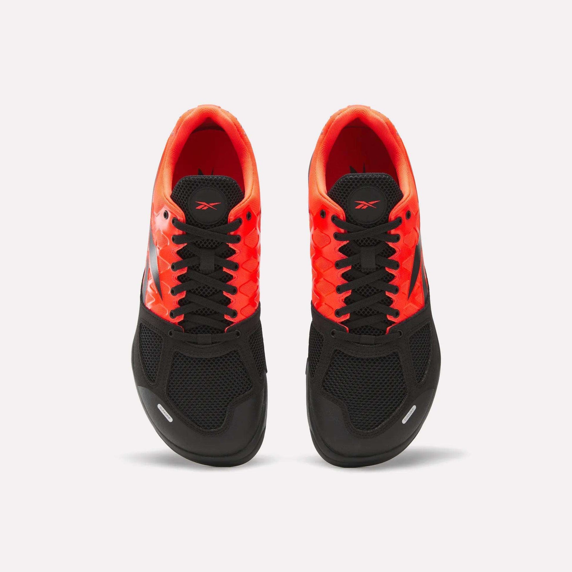 Reebok Men's Nano 2.0 Training Shoes—featuring black mesh toes and laces, vibrant orange-red sides, and inner lining—ideal for functional fitness, displayed from above on a white background.
