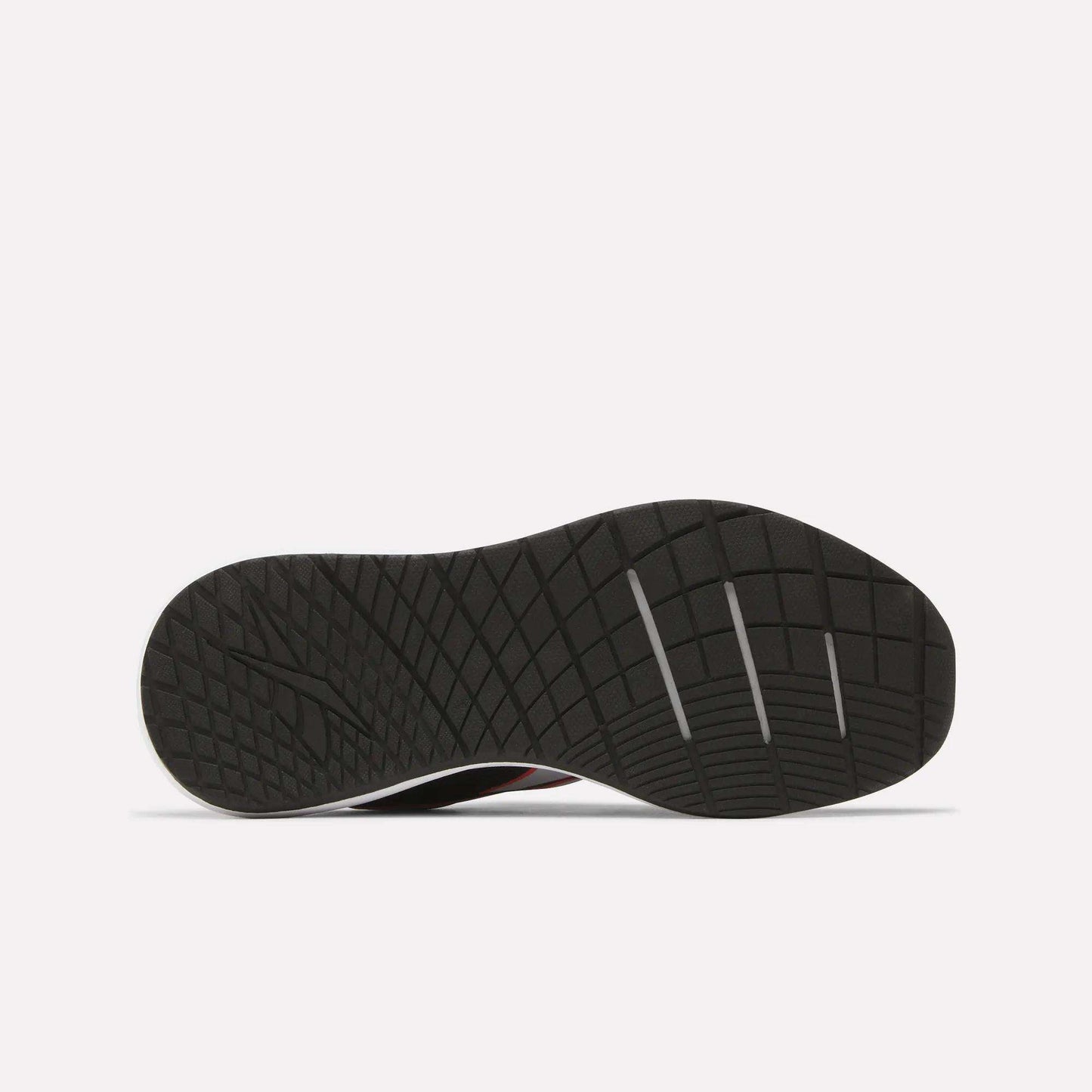 Showcased on a plain white background, the Women's Nanoflex 2.0 Training Shoes by Reebok feature a black sole with a textured diamond-pattern tread and three horizontal grooves near the toe—ideal for stylish and versatile women’s workouts.