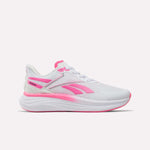 Women's Viva Speed Shoes by Reebok in White/Atomic Pink/Black, featuring a breathable mesh upper, cushioned midsole, and a lifted heel design. Atomic Pink accents highlight the sole, heel, and side logo. Displayed on a plain white background.