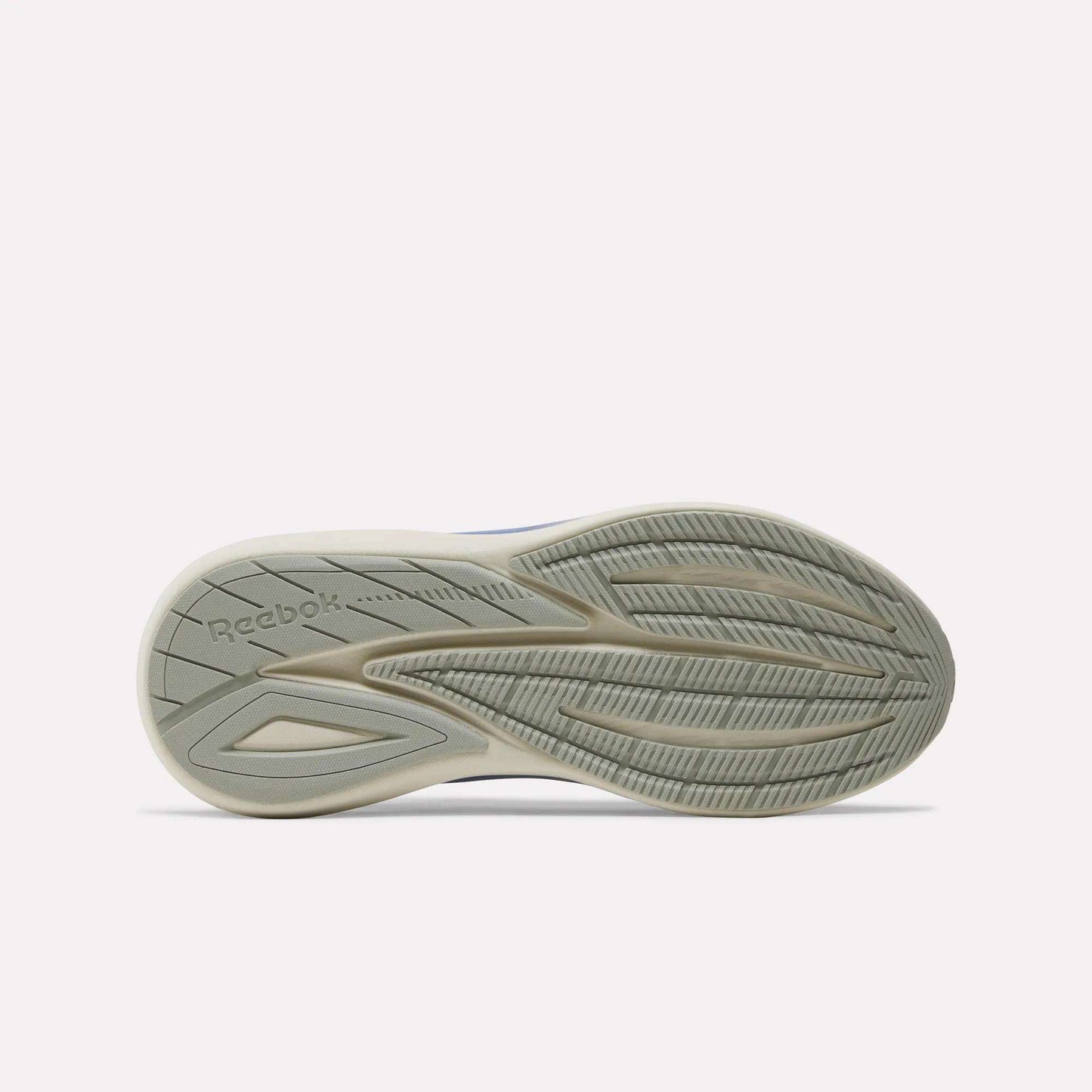 The image displays the sole of the Reebok Women's Viva Speed Shoes, showcasing a light gray color with textured tread patterns and the Reebok logo engraved on the heel. These cushioned running shoes provide enhanced comfort and grip, making them ideal for everyday wear.