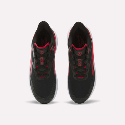A pair of Men's Viva Speed Shoes by Reebok in black with red accents and white soles, designed as cushioned running shoes for maximum comfort, shown from above against a plain white background.