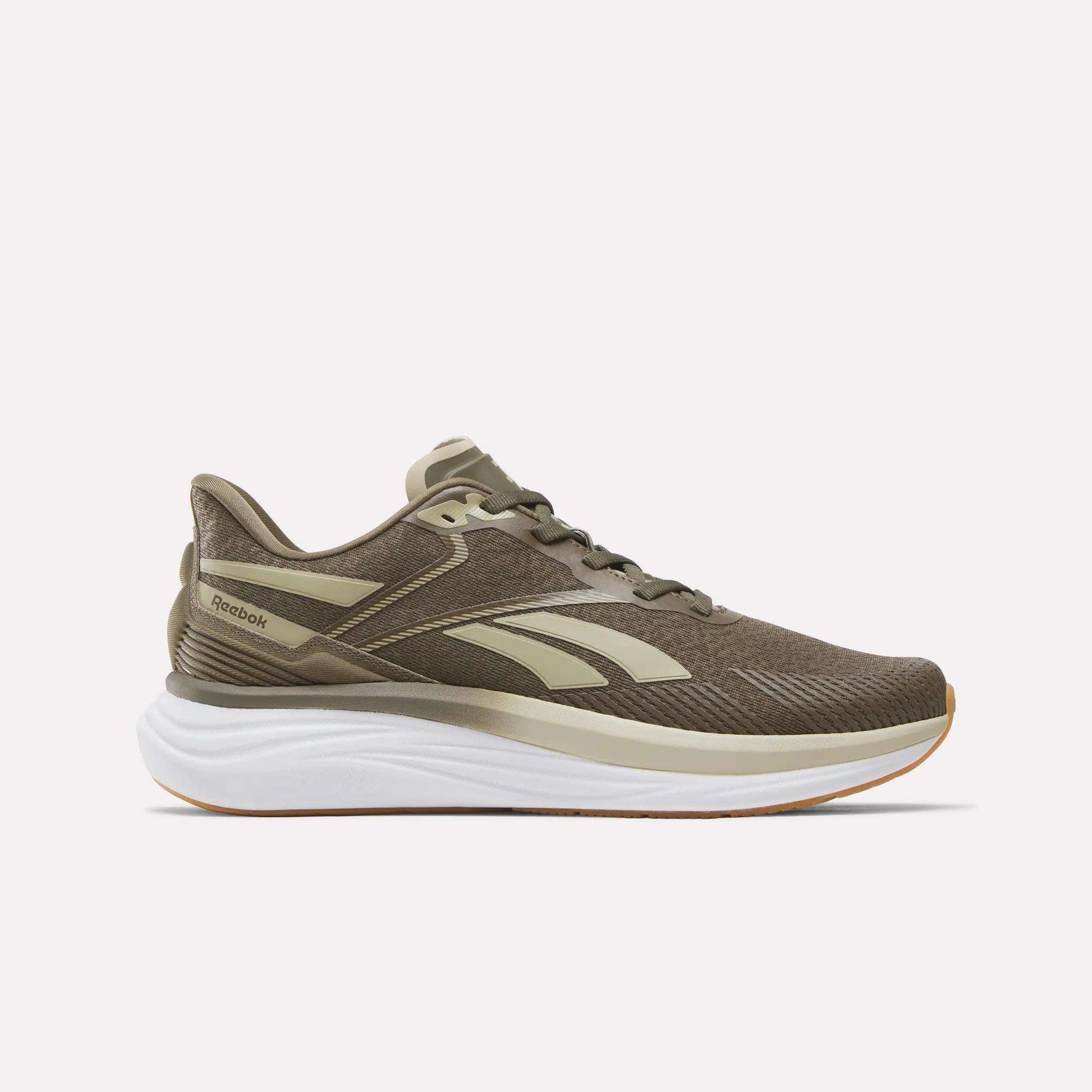 An army green, white, and gum men's Reebok Viva Speed shoe with a cushioned midsole and a white sole, shown from the side against a plain light background.