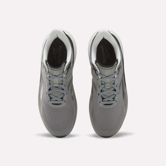 Top view of a pair of Reebok Men's Viva Speed Shoes in gray with white soles and light gray laces on a white background, featuring a breathable design and cushioned comfort for all-day wear.