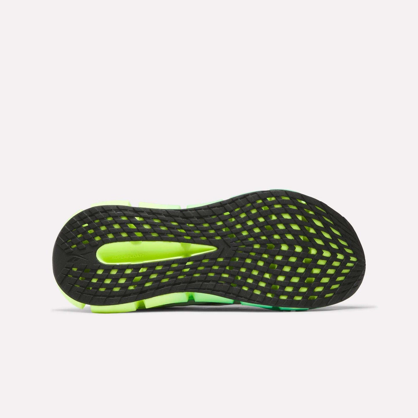 The image shows the bottom view of Reebok Men's FloatZig 2 Running Shoes, featuring a black and neon green sole with a grid-like tread pattern for traction and Superfloat+ cushioning for comfort.