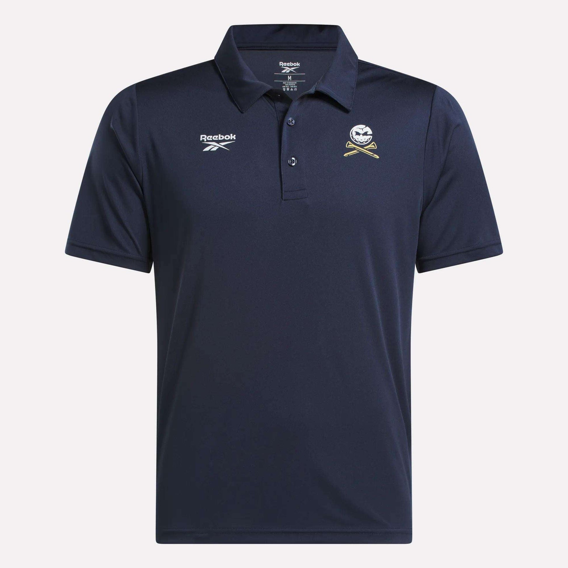 Men's Crushers GC Replica Polo by Reebok in navy blue, with a collar and short sleeves, features the Reebok logo on the right chest and a cricket-inspired crest with crossed bats and ball on the left.