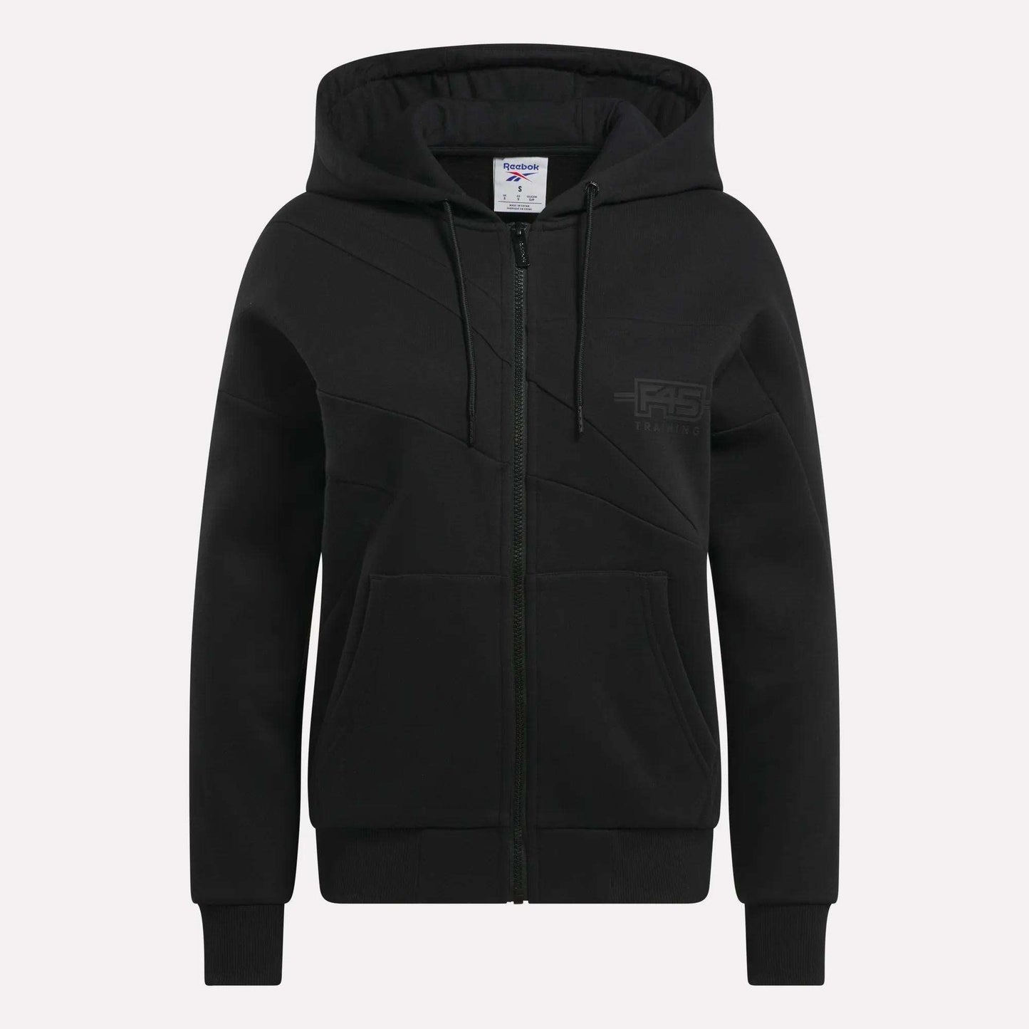 The Relaxed Reebok x F45 Women's Zip Hoodie features a hood, two front pockets, ribbed cuffs and hem, and a subtle logo on the left chest—ideal for Reebok performance or as an F45 hoodie.