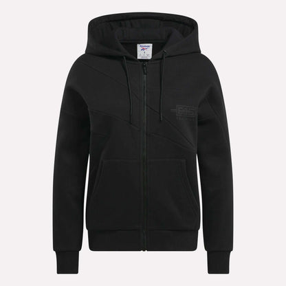 The Relaxed Reebok x F45 Women's Zip Hoodie features a hood, two front pockets, ribbed cuffs and hem, and a subtle logo on the left chest—ideal for Reebok performance or as an F45 hoodie.