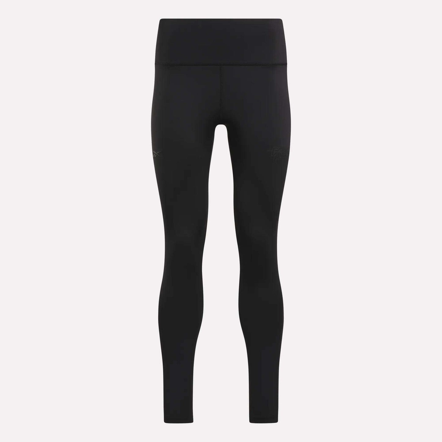 Women's Reebok x F45 Training Leggings in black, featuring a high-waisted, seamless design and a wide, supportive waistband—displayed on a light gray background from the front—ideal for high-intensity workouts and F45 Training.