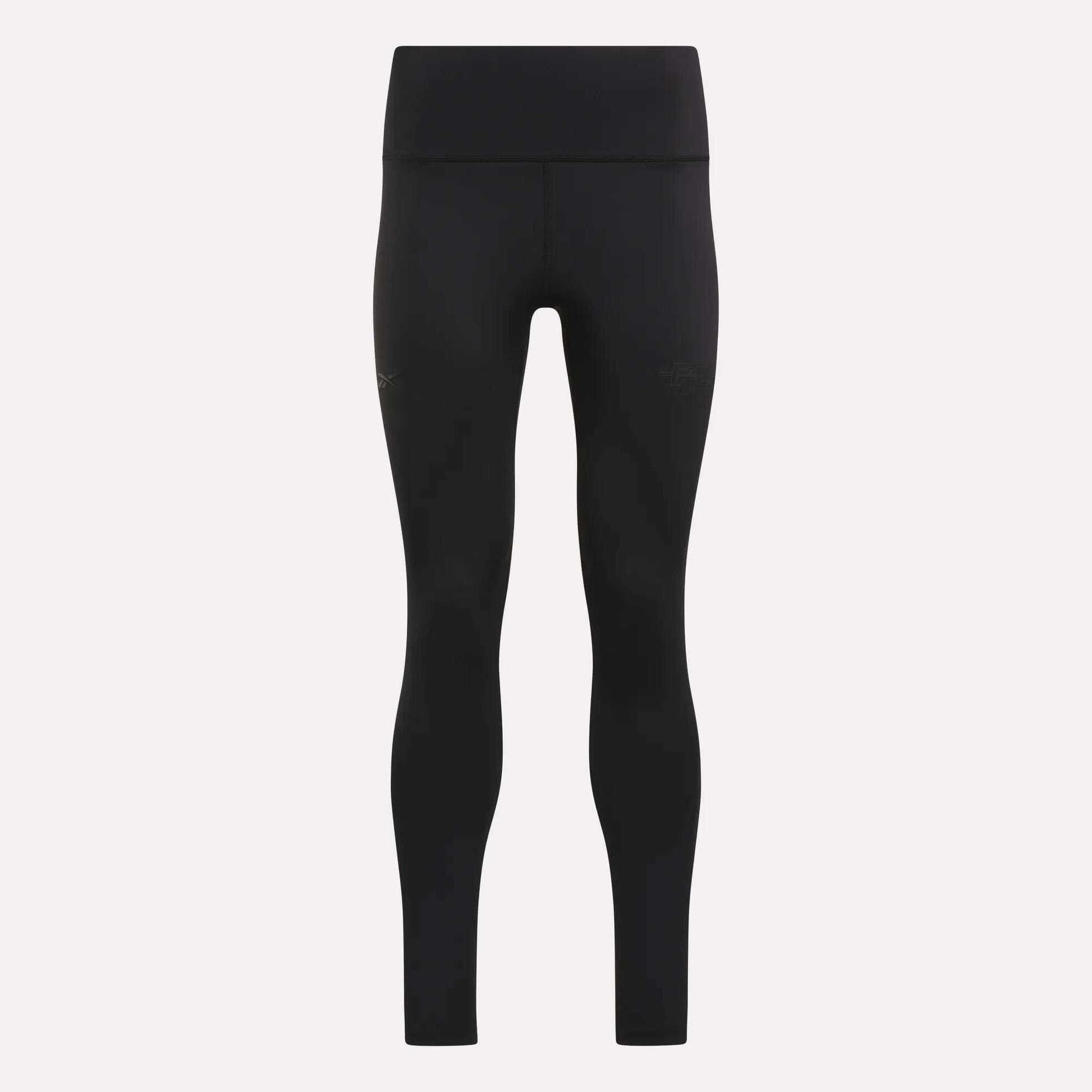 Women's Reebok x F45 Training Leggings in black, featuring a high-waisted, seamless design and a wide, supportive waistband—displayed on a light gray background from the front—ideal for high-intensity workouts and F45 Training.