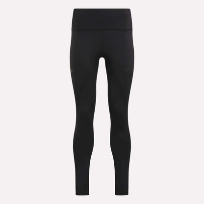 Women's Reebok x F45 Training Leggings in black, featuring a high-waisted, seamless design and a wide, supportive waistband—displayed on a light gray background from the front—ideal for high-intensity workouts and F45 Training.