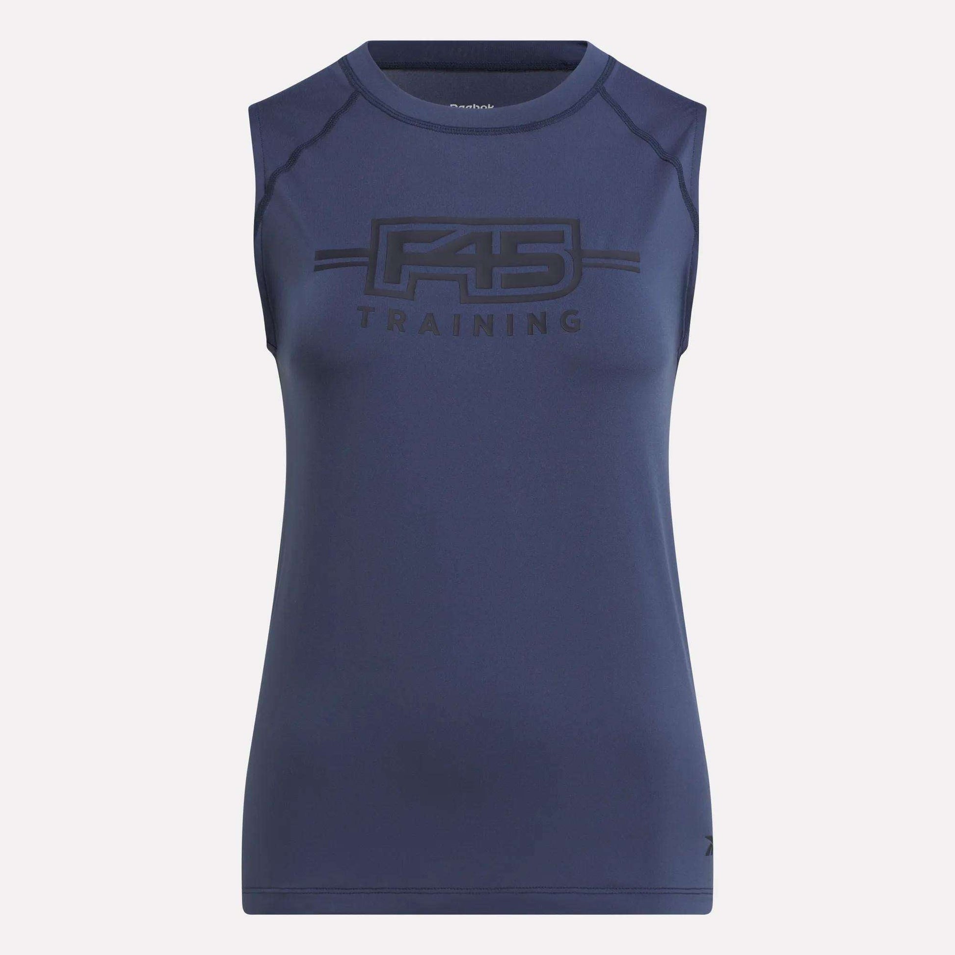 The Women's Reebok x F45 Training Tank Top features a sleeveless navy design with a black F45 Training logo, sweat-wicking fabric, crew neckline, and stylish shoulder seam details for comfort.