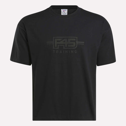 The Reebok x F45 Training Tonal Graphic T-Shirt is a black short-sleeve cotton tee with a subtle F45 TRAINING logo on the front center, shown against a plain white background.