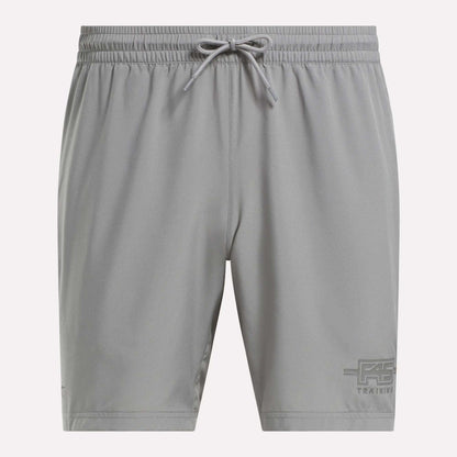 Men's Reebok x F45 Training Woven Shorts feature a gray design, elastic waistband with drawstring, and subtle logo. Lightweight fabric makes them perfect for F45 or high-intensity workouts.