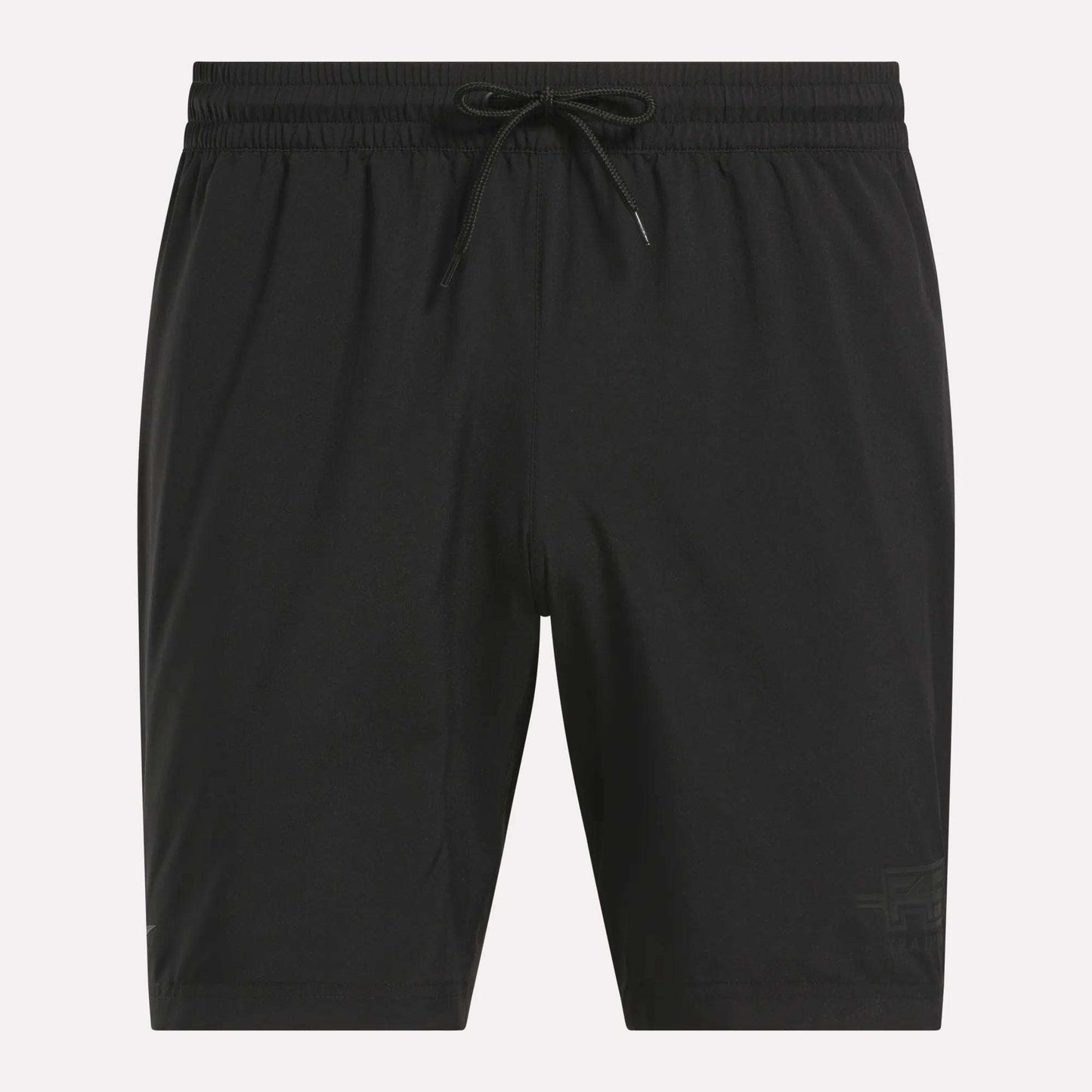 The Men's Reebok x F45 Training Woven Shorts, featuring an elastic waistband and drawstring for a secure fit, are ideal for high-intensity workouts and are shown here against a plain light background.