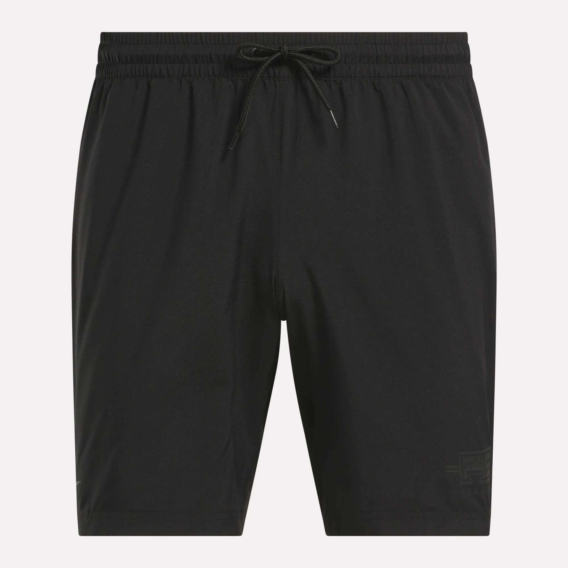 The Men's Reebok x F45 Training Woven Shorts, featuring an elastic waistband and drawstring for a secure fit, are ideal for high-intensity workouts and are shown here against a plain light background.