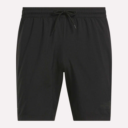 The Men's Reebok x F45 Training Woven Shorts, featuring an elastic waistband and drawstring for a secure fit, are ideal for high-intensity workouts and are shown here against a plain light background.