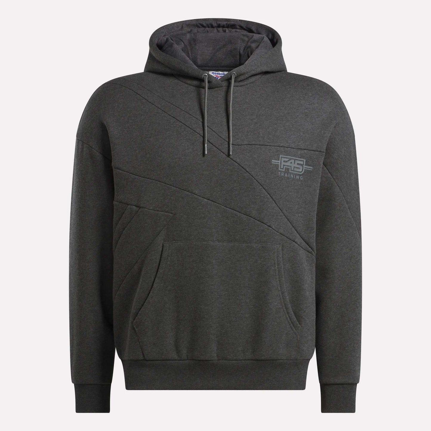 The Men's Reebok x F45 Training Relaxed Hoodie features a dark gray color, front pocket, drawstring hood, subtle diagonal stitching, and a small F45 logo on the left chest—your ideal blend of comfort and style from Reebok.