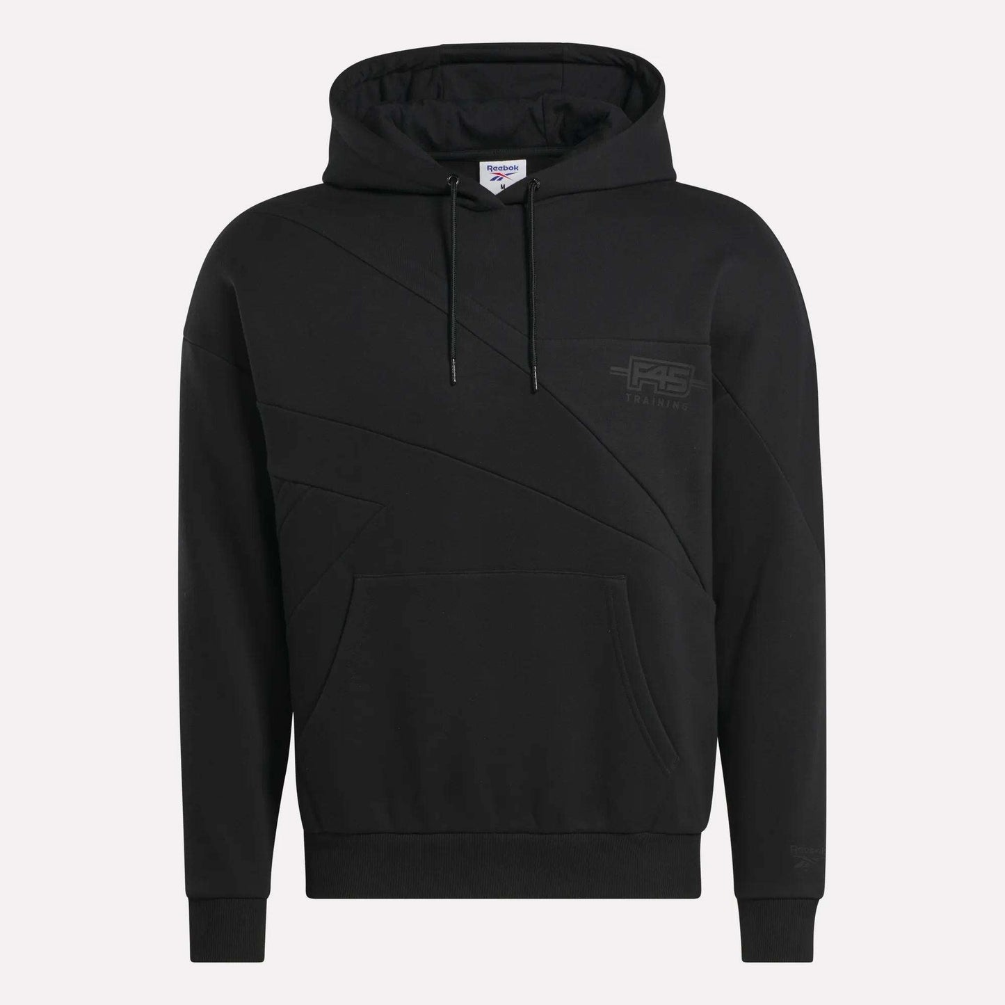 The Men's Reebok x F45 Training Relaxed Hoodie features a black fleece design, front kangaroo pocket, geometric seam details, drawstring hood, and a subtle tonal Reebok logo—ideal for post-F45 Training style and comfort.