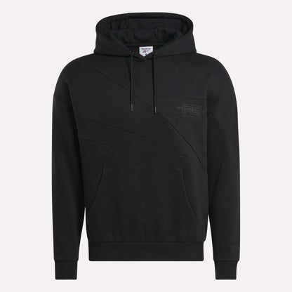 The Men's Reebok x F45 Training Relaxed Hoodie features a black fleece design, front kangaroo pocket, geometric seam details, drawstring hood, and a subtle tonal Reebok logo—ideal for post-F45 Training style and comfort.