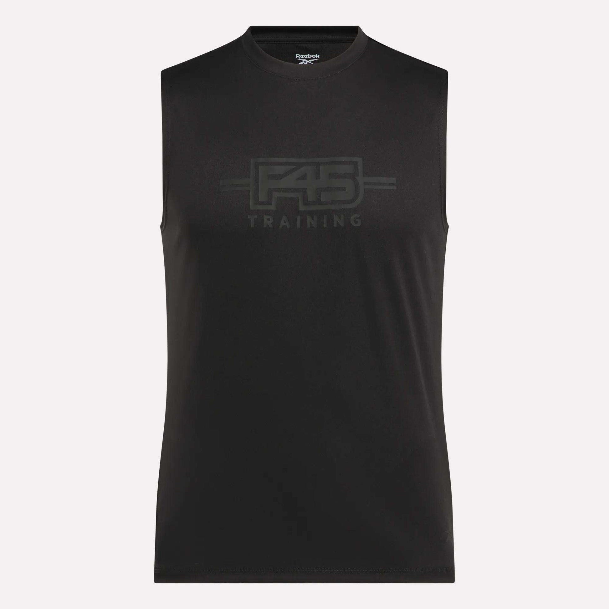 The Men's Reebok x F45 Training Tank Top, a sleeveless black top from Reebok featuring "F45 TRAINING" printed on the front, is ideal for high-intensity workouts and is shown against a simple light background.