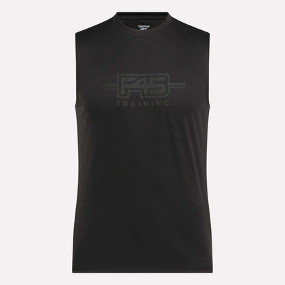 The Men's Reebok x F45 Training Tank Top, a sleeveless black top from Reebok featuring "F45 TRAINING" printed on the front, is ideal for high-intensity workouts and is shown against a simple light background.