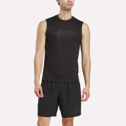 A person wearing the Men's Reebok x F45 Training Tank Top in black stands against a plain light background, ready for high-intensity training.