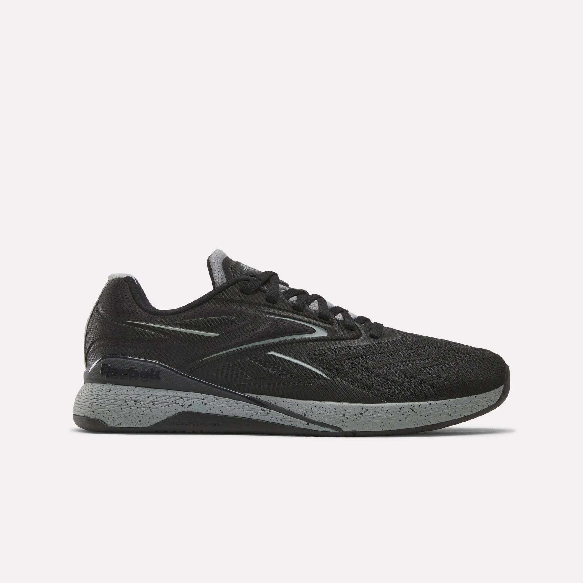 The Reebok x F45 Nano X5 Edge, a black performance training sneaker with a gray speckled sole, is displayed in side profile against a plain white background.