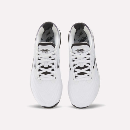 Top view of a pair of white Reebok x F45 Nano X5 Edge training shoes with black accents and white laces, featuring the F45 Training logo on the tongue, placed side by side on a plain background.