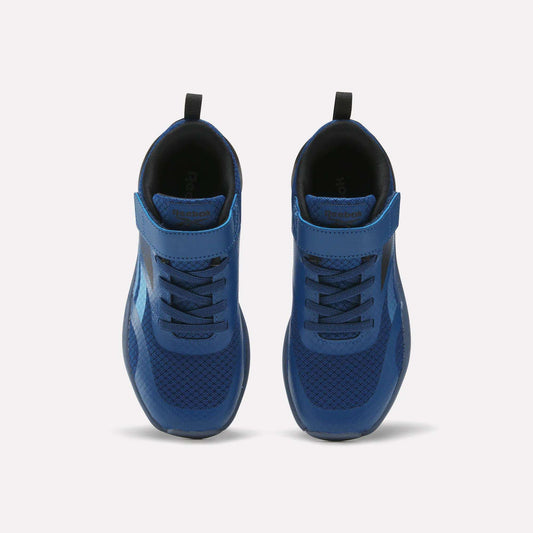 The Reebok Energen Running Shoes - Little Kids are featured in blue with black accents, elastic laces, and velcro straps. Shown from above on a plain white background, these athletic shoes are ideal for active toddlers and little kids.