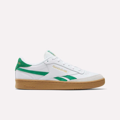 The Reebok Men's Club C Revenge Vintage Shoes in White/Team Green/Gum feature green accents and branding, a brown gum sole, and classic heritage style, showcased against a plain white background.