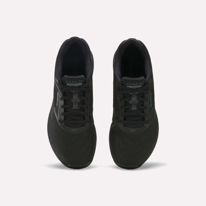 A pair of black Reebok Nano X5 Training Shoes with mesh uppers and lace-up closures are shown from above, side by side on a plain light background.