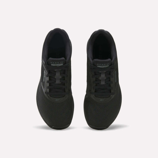 A pair of black Reebok Nano X5 Training Shoes with mesh uppers and lace-up closures are shown from above, side by side on a plain light background.