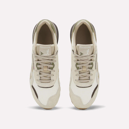 Top view of Reebok Men's Classic Nylon 89 Shoes with a beige and white suede upper, light brown and olive green accents, shown side by side on a plain white background.