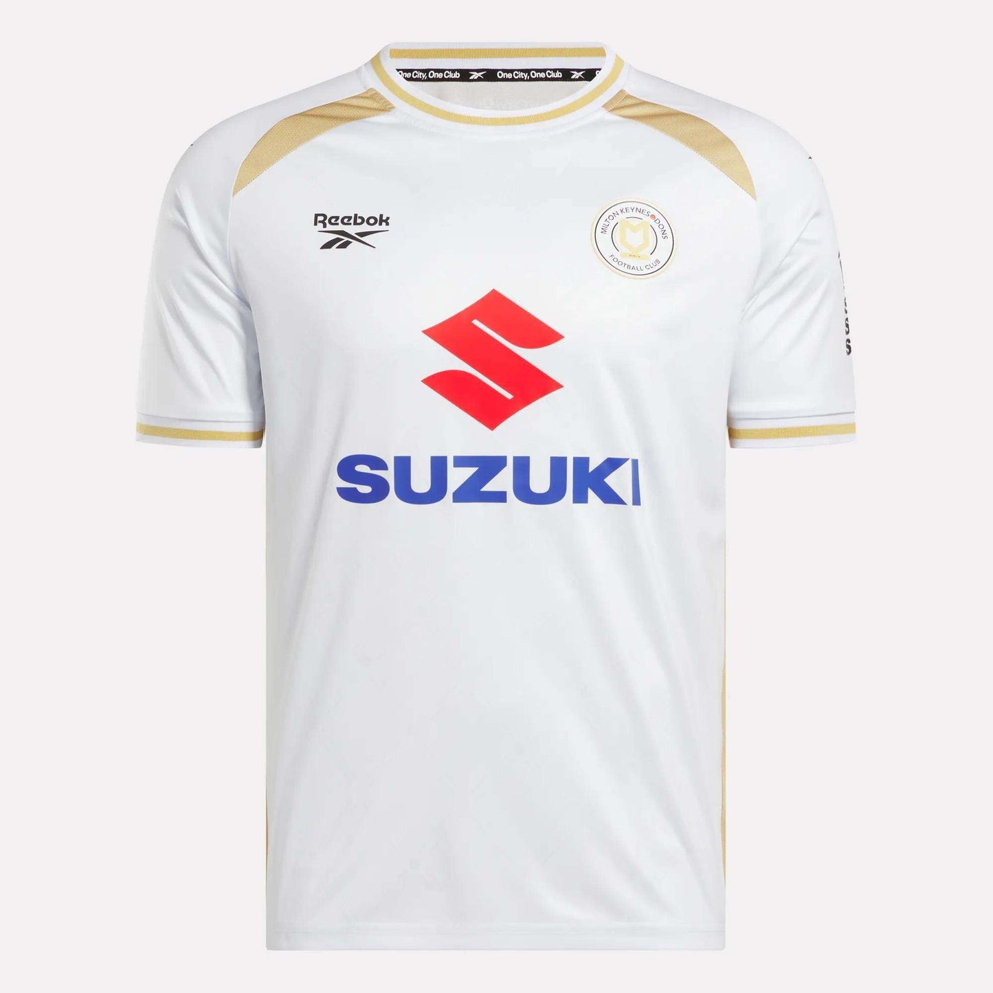 The Men's MK Dons Home Jersey by Reebok is a white football shirt with gold trim, a bold red Suzuki logo on the front, and a circular team crest on the left chest—an iconic piece for Milton Keynes fans.