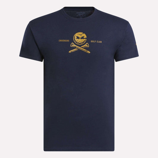 The Men's Crushers Tee by Reebok features a yellow pumpkin skull over crossed golf clubs with "Crushers Golf Club" text, offering a bold navy blue style inspired by Bryson DeChambeau.