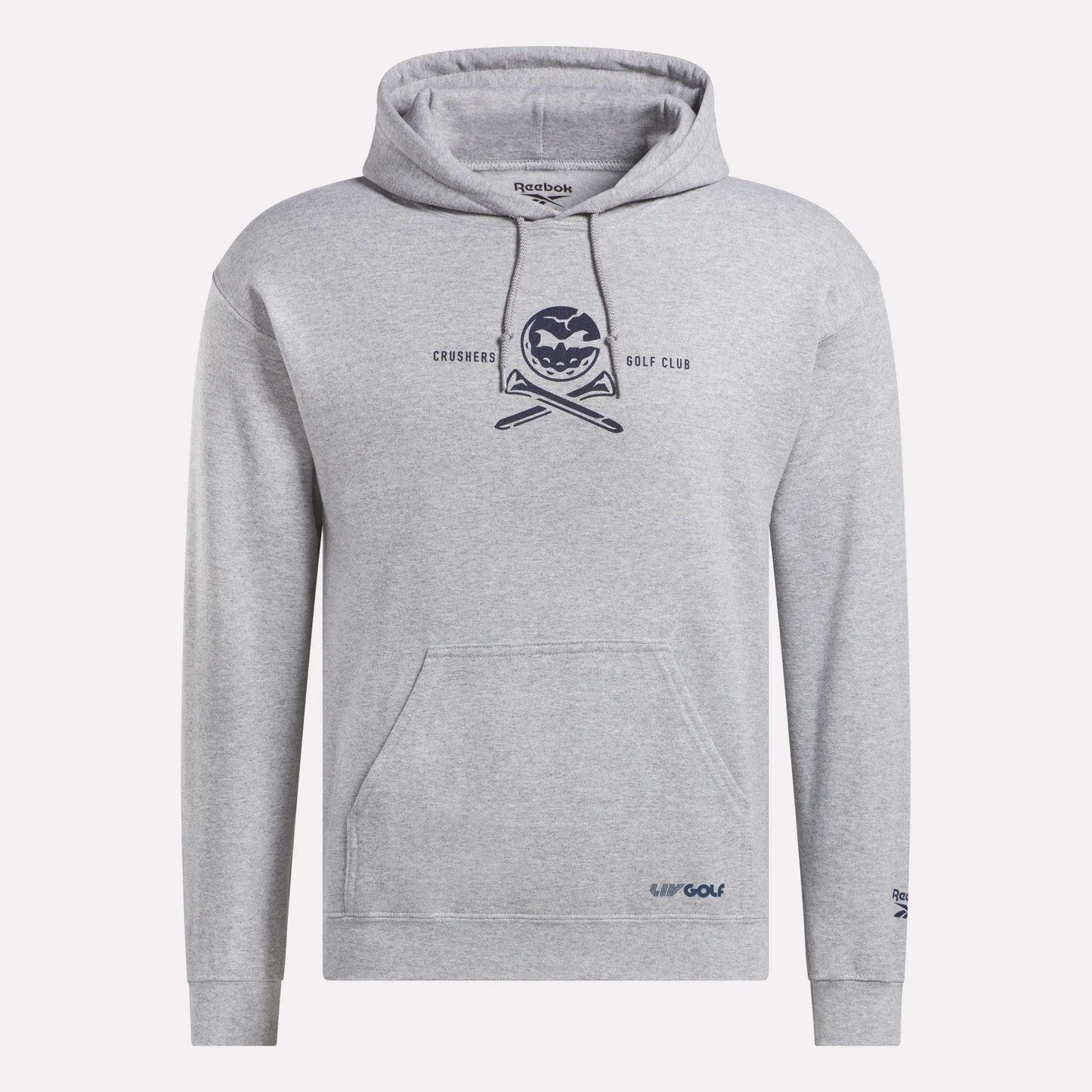 Show off your style in the Men’s Crushers Hoodie by Reebok. This light gray hoodie features a front pocket, drawstring hood, and a chest graphic of a skull with crossed golf clubs and "Crushers Golf Club.