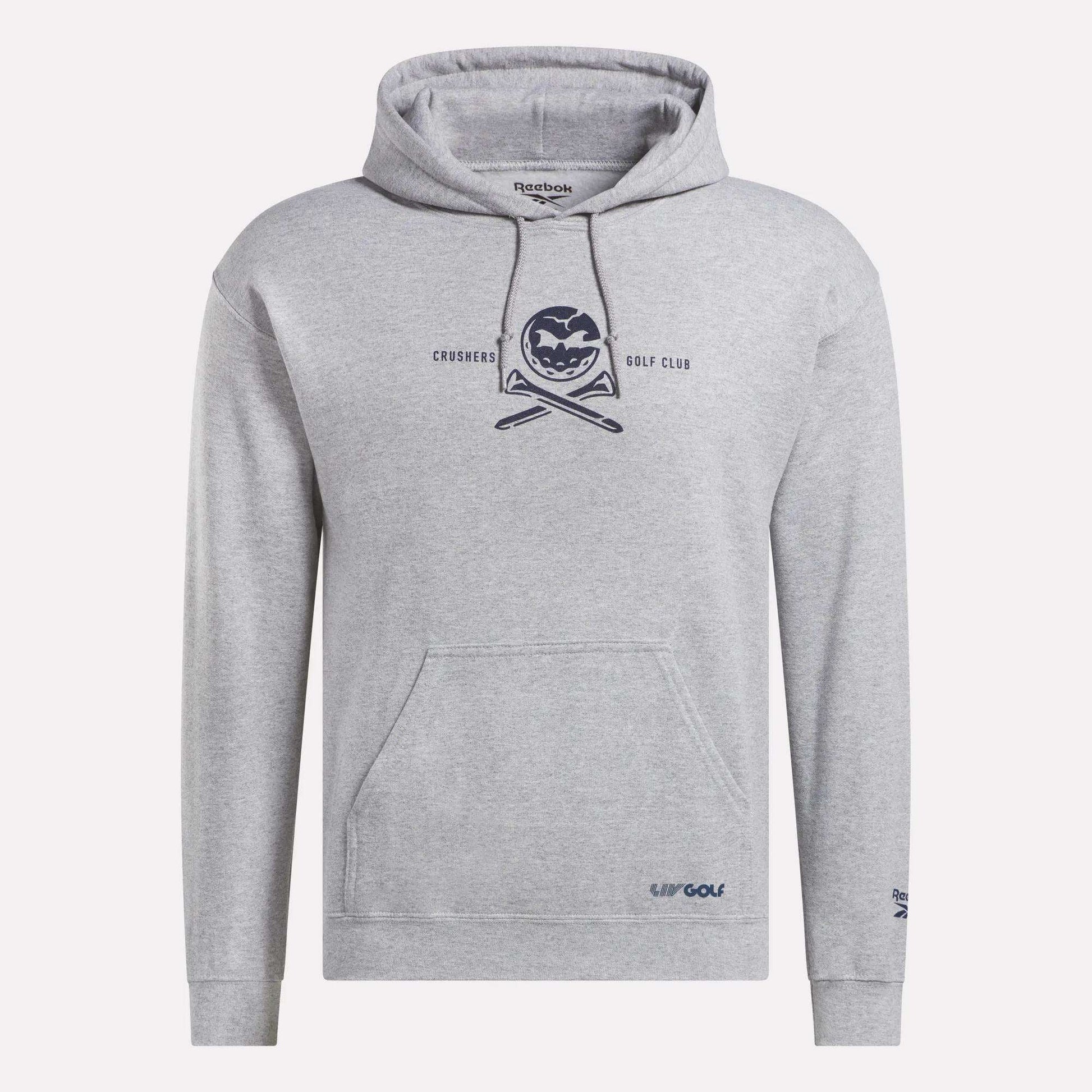 Show off your style in the Men’s Crushers Hoodie by Reebok. This light gray hoodie features a front pocket, drawstring hood, and a chest graphic of a skull with crossed golf clubs and "Crushers Golf Club.