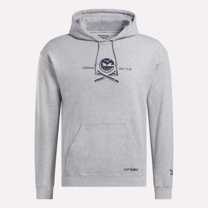 Show off your style in the Men’s Crushers Hoodie by Reebok. This light gray hoodie features a front pocket, drawstring hood, and a chest graphic of a skull with crossed golf clubs and "Crushers Golf Club.