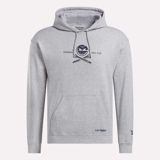 Show off your style in the Men’s Crushers Hoodie by Reebok. This light gray hoodie features a front pocket, drawstring hood, and a chest graphic of a skull with crossed golf clubs and "Crushers Golf Club.