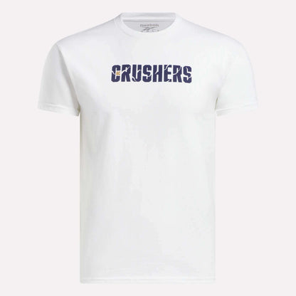 The Reebok Men's Crushers Wordmark Tee features bold navy "CRUSHERS" lettering across the chest, short sleeves, and a classic crew neck—perfect for fans of Bryson DeChambeau and his team.