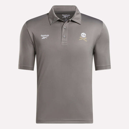 The Men's Crushers Replica Polo by Reebok is a gray, short-sleeve golf shirt with a collar, button placket, Reebok logo on the right chest, and a crossed bat and ball emblem on the left chest.