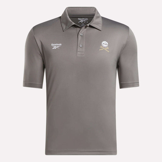 The Men's Crushers Replica Polo by Reebok is a gray, short-sleeve golf shirt with a collar, button placket, Reebok logo on the right chest, and a crossed bat and ball emblem on the left chest.