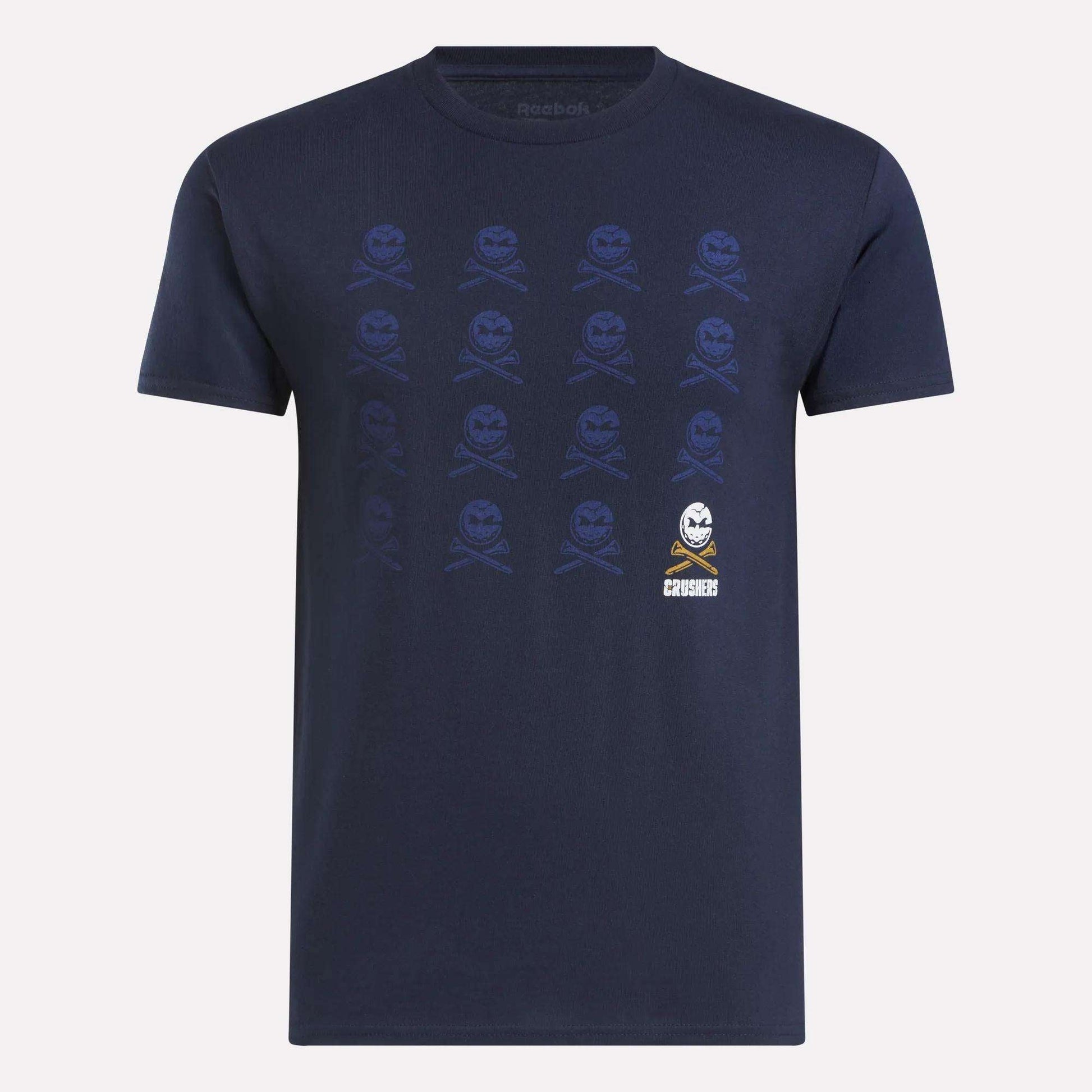 The Men's Crushers Icon Tee by Reebok features bold Crushers graphics in blue, making it perfect for fans of Bryson DeChambeau.