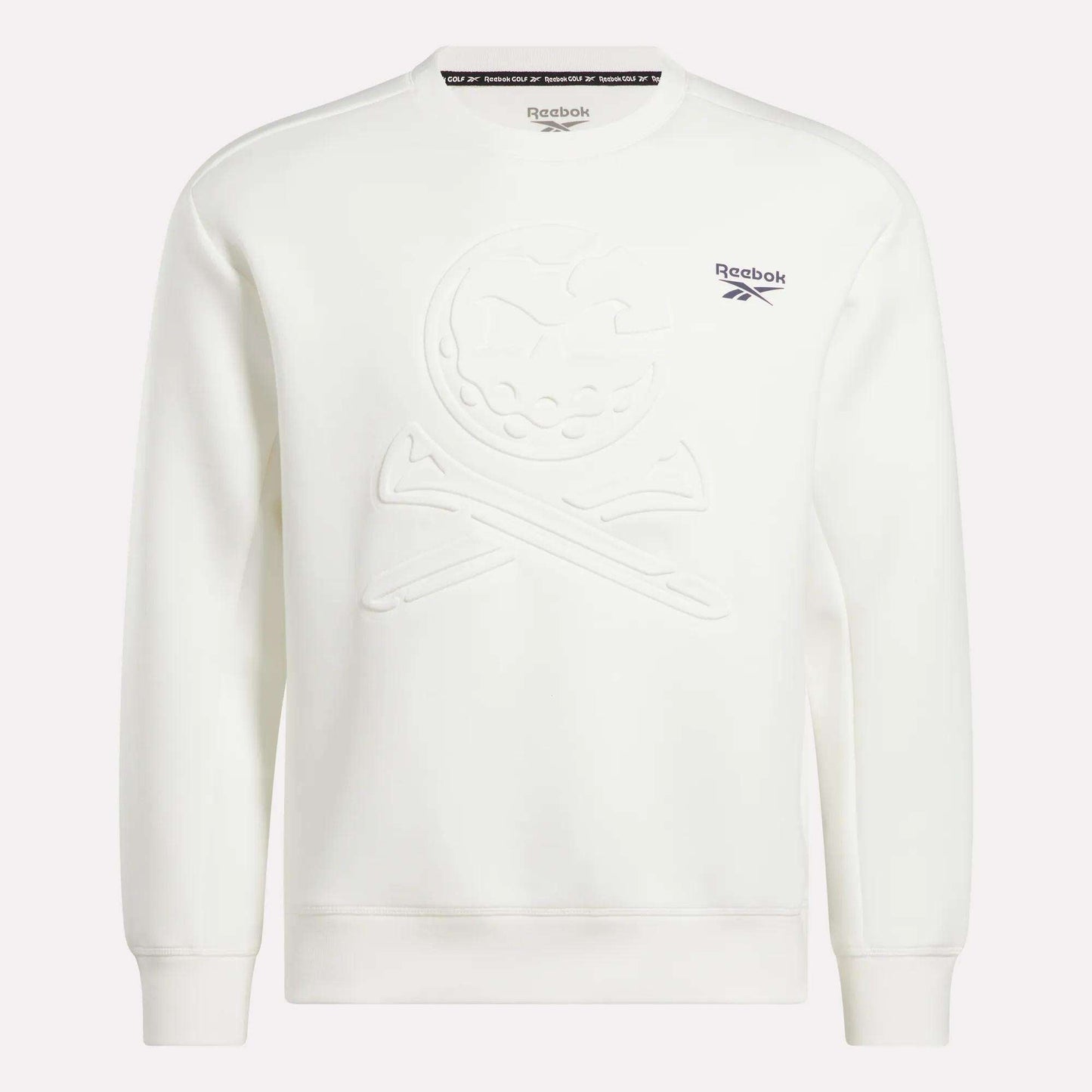 The Reebok Men's Scuba Knit Crew Sweatshirt is a white golf top with a subtle embossed skull and crossbones on the front, moisture-wicking fabric, and blue Reebok logo and text on the left chest.