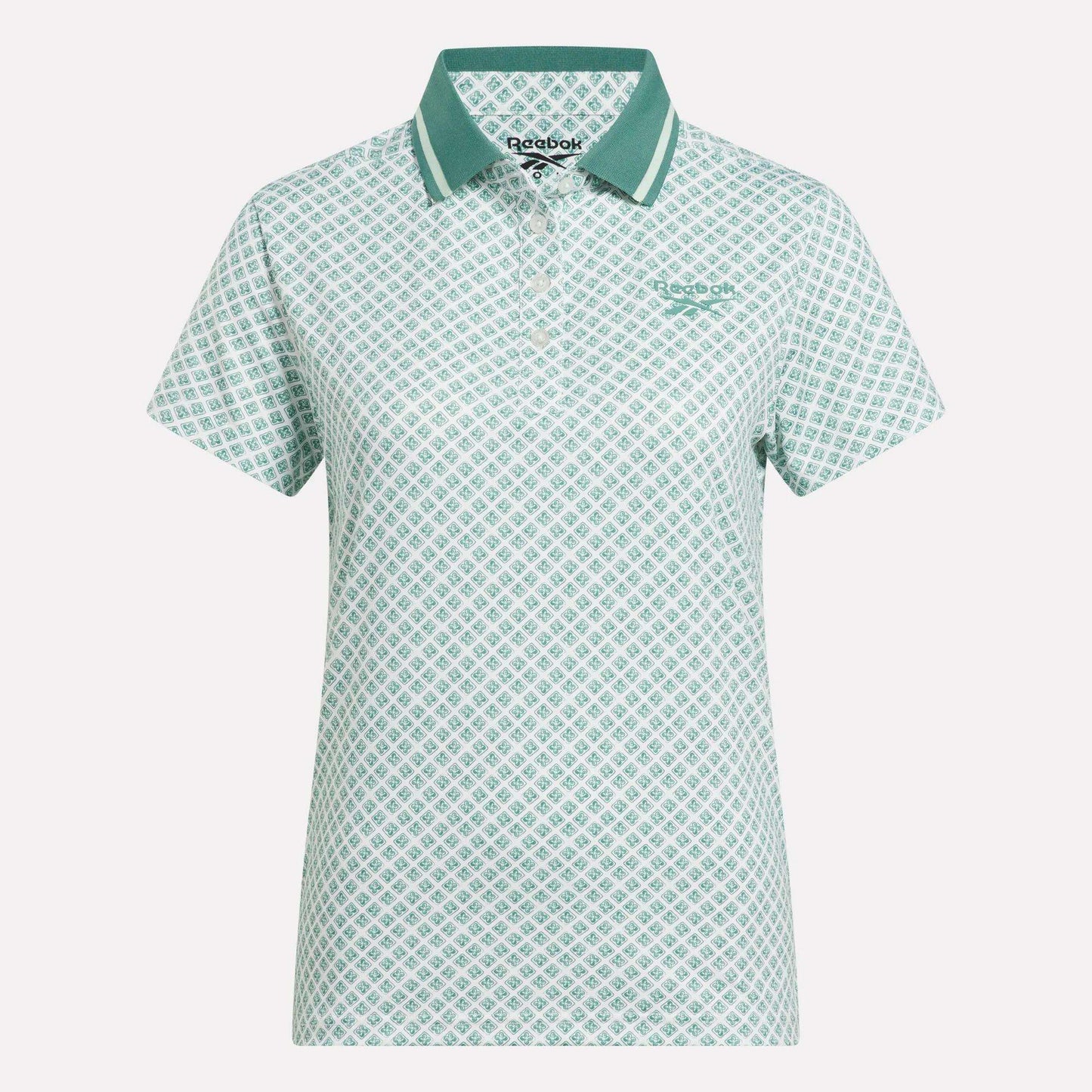 Women's Foulard Print Sleeveless Polo Shirt by Reebok in light green and white with a geometric diamond pattern, green collar, and Reebok logo on the left chest, shown on a white background.