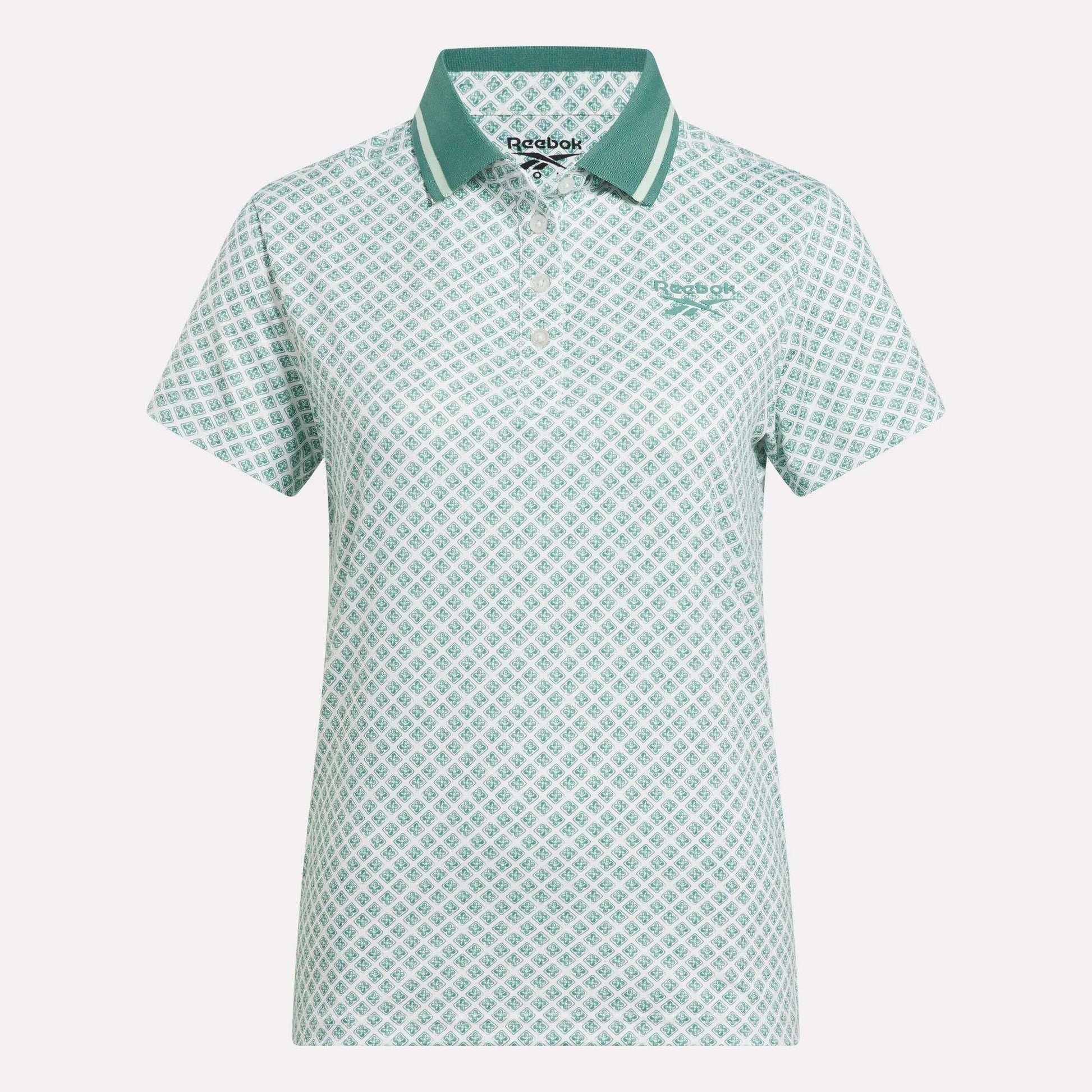 Women's Foulard Print Sleeveless Polo Shirt by Reebok in light green and white with a geometric diamond pattern, green collar, and Reebok logo on the left chest, shown on a white background.