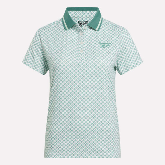 Women's Foulard Print Sleeveless Polo Shirt by Reebok in light green and white with a geometric diamond pattern, green collar, and Reebok logo on the left chest, shown on a white background.