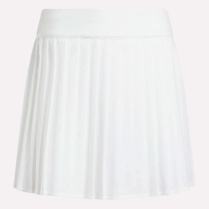 The Reebok Women's Pleated Skort is a white mini skort with a wide waistband, made from UPF-rated RBK-DRY fabric, shown against a plain background.