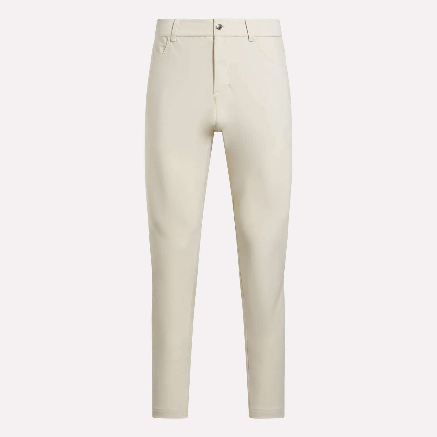 The Reebok Men's Favorite 5-Pocket Relaxed Fit Golf Pants, in light beige wrinkle-resistant fabric with belt loops, button closure, and front pockets, are shown against a plain white background.