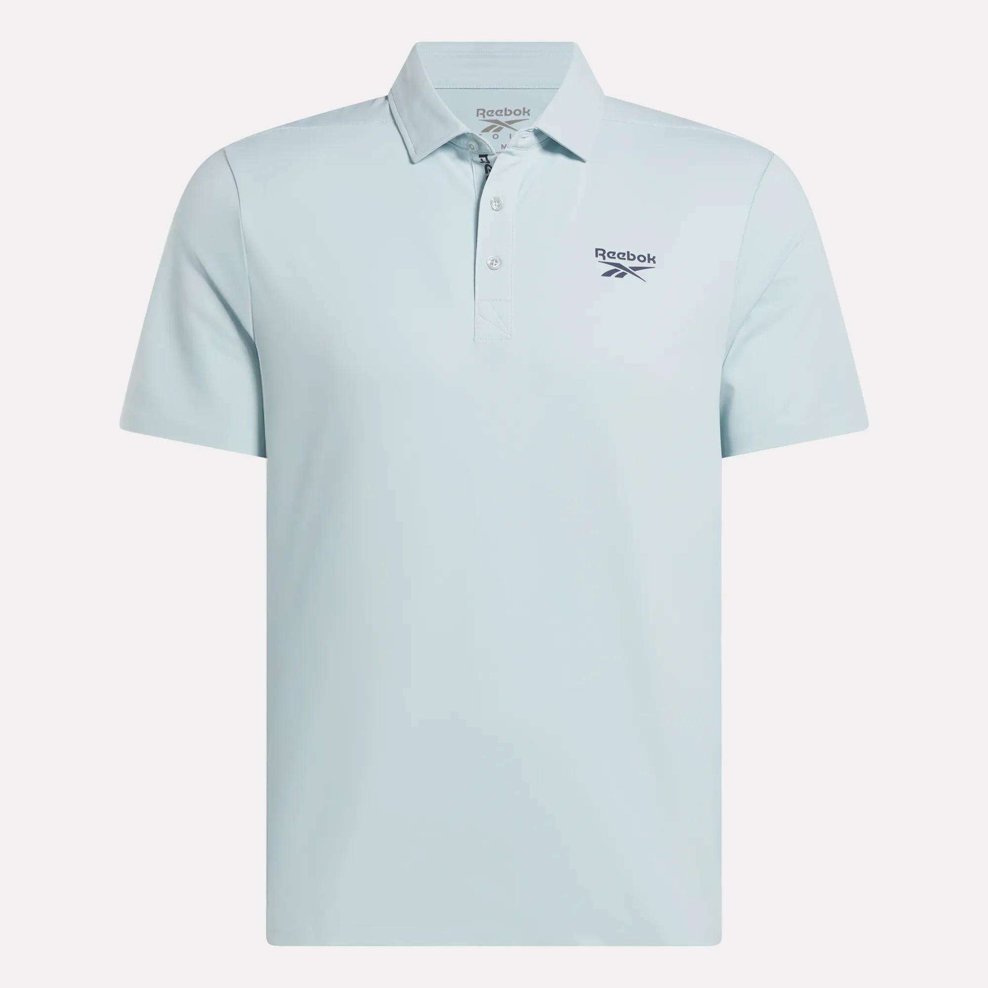 The Reebok Men's Bonded Pique Polo Shirt is light blue with short sleeves, a collar, and buttons. An embroidered Reebok logo decorates the left chest. Shown on a plain white background.